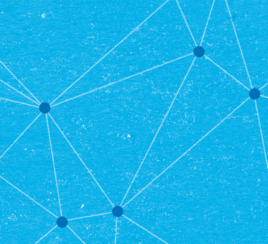 Blue dots on a light blue background, connected with white lines