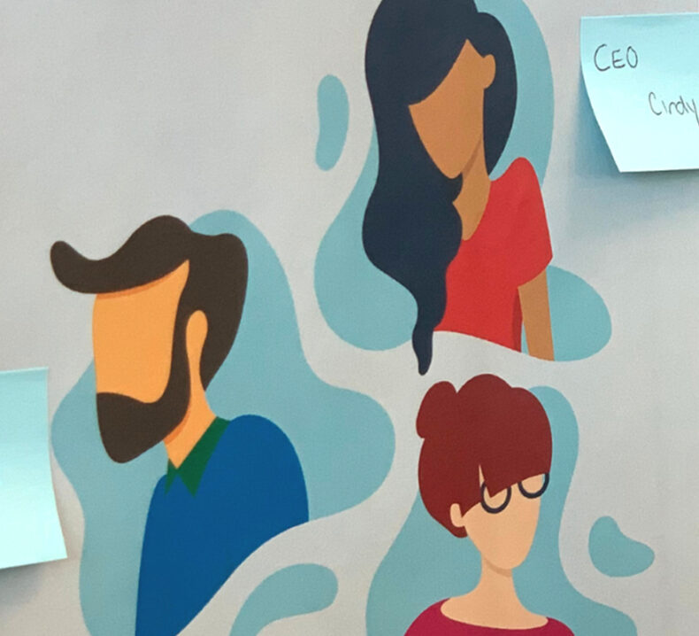 An image of illustrated people with post it notes