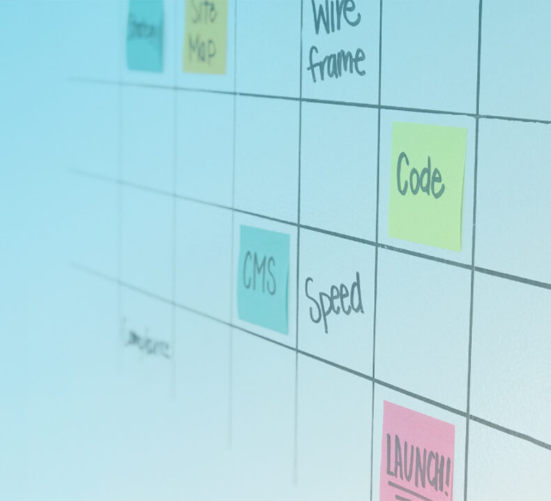 A grid with some post it notes on it with words related to web development